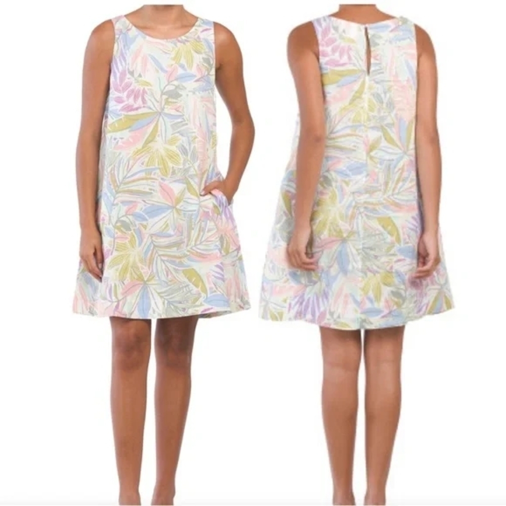 C&C 100% Linen Multicolor Tropical Pastel Sleeveless Trapeze Dress W/ Pockets